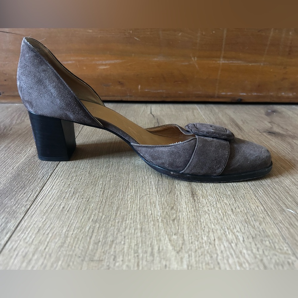 Hermes tan suede buckle block heel